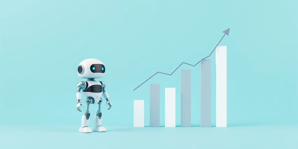 create a minimalistic illustration of a robot standing next to a bar graph with an upward trend on a turquoise background shot with a DSLR camera at f/5.6, 50mm lens, ISO 100, and a soft-focus effect for enhanced quality
