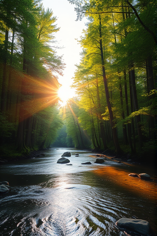 Create an image of a serene, sunlit forest scene with a clear, gently flowing river. Tall trees with lush green foliage line both sides of the river, their leaves bathed in the warm golden light of the setting or rising sun. The sunlight filters through the trees, casting soft, dappled light on the river, which flows over smooth rocks and pebbles, creating a peaceful, natural atmosphere. The sky is bright with a few scattered clouds, and the overall mood is tranquil, evoking a deep sense of connection with nature. The image captures the beauty of a calm, pristine forest landscape at either dawn or dusk.