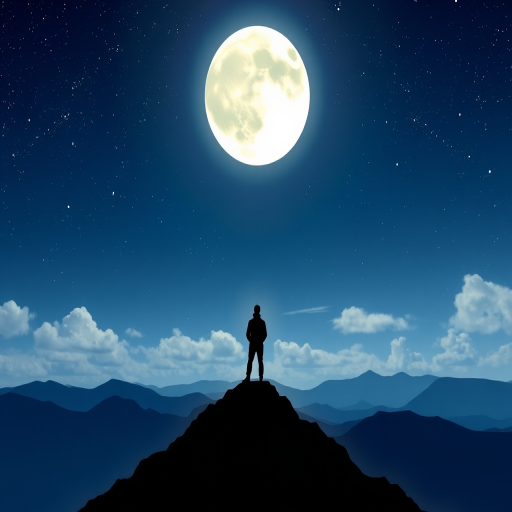 Create an illustration of a silhouette of a person standing on a mountain peak at night under a bright full moon, with a starry sky and soft clouds, using a digital art style, high resolution, 35mm lens, f/2.8, ISO 100, low light settings to enhance image quality.