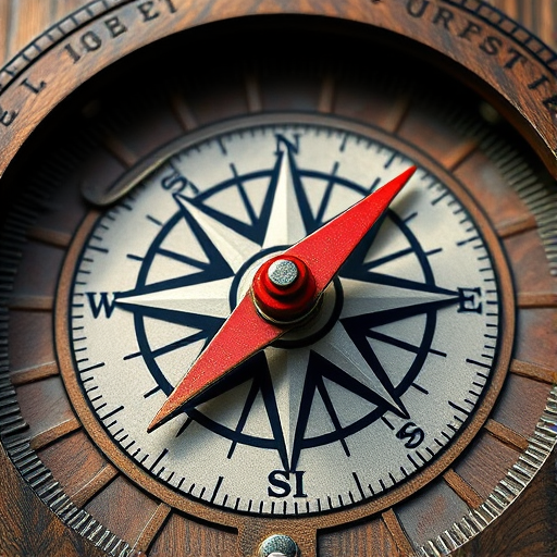 Create a high-resolution image of a compass rose featuring a prominent red needle, using a macro lens with an aperture of f/2.8, ISO 100, and a shutter speed of 1/250 sec, captured in natural lighting from a top-down view to enhance the details and textures.