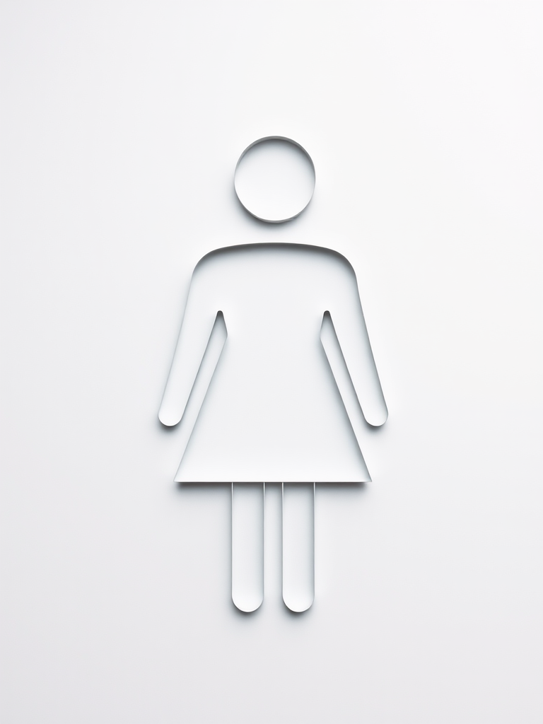 Create a high-resolution image of a minimalistic female figure icon, using a Canon EOS R5 camera with an aperture of f/4, ISO 100, and a focal length of 50mm, in a flat lay view with a light, neutral background to enhance clarity and contrast.