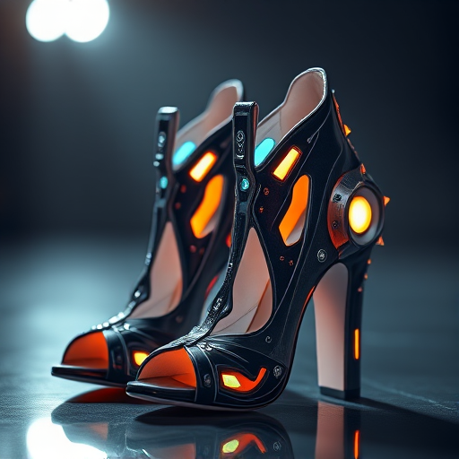 high-contrast shot of futuristic high-heeled shoes with intricate designs and glowing accents, soft focus background, studio lighting, ISO 100, f/2.8, 1/125s, 50mm lens, captured with a DSLR camera