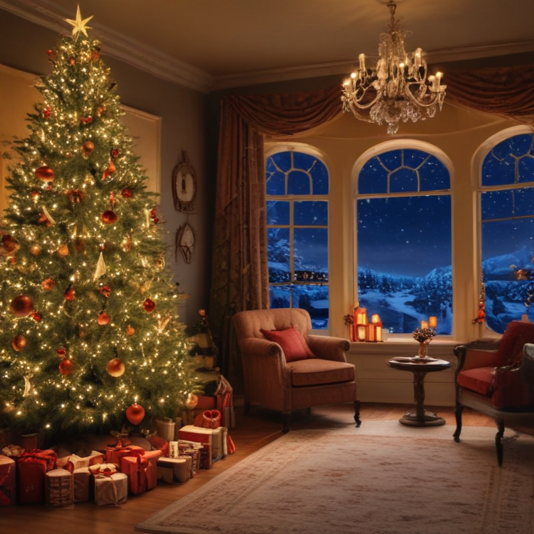 A Cozy Holiday Scene with a Beautifully Decorated Christmas Tree and Gifts.