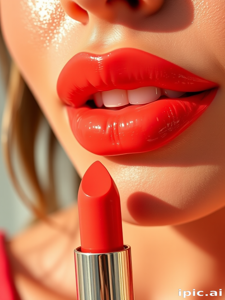 Vibrant coral "Sunset Bliss" lip color adorns full, luscious lips with a glossy finish, reflecting warm golden hues and subtle shimmer for a radiant, sun-kissed glow