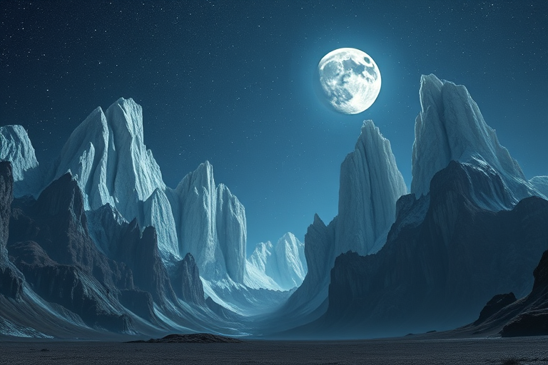 Create a stunning alien landscape featuring towering crystalline mountains illuminated by two moons in a starry sky, shot with a DSLR camera at ISO 100, f/8 aperture, 24mm focal length, and a long exposure to capture the ethereal glow and fine details.