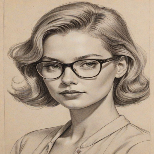 Superb Grace Van Dien, pencil sketch, portrait of Magnificent woman 1953s in glasses, hair style beatnik, outline, clear lines, fine lines, 8k