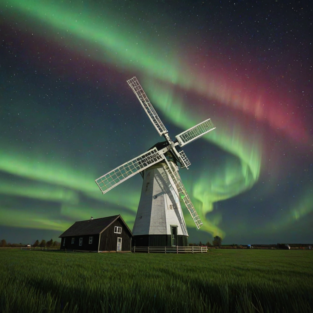 Stunning Night Sky Display of Northern Lights Above a Classic Windmill