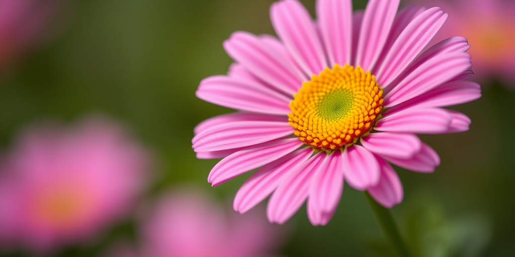 macro shot of a single pink daisy with a yellow center, soft bokeh background, aperture f/2.8, shutter speed 1/250s, ISO 100, taken with a DSLR camera from a slightly above angle, natural light