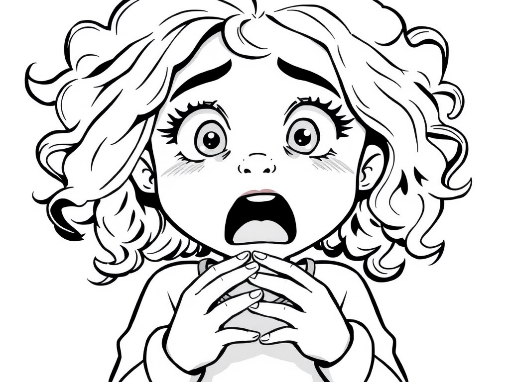 The image is a black and white illustration of a young girl with curly hair. She has a surprised expression on her face with her mouth open and her hands clasped together in front of her chest. Her eyes are wide and her eyebrows are furrowed. Her hair is styled in loose curls that are cascading down her back. The overall mood of the image is one of shock or surprise.