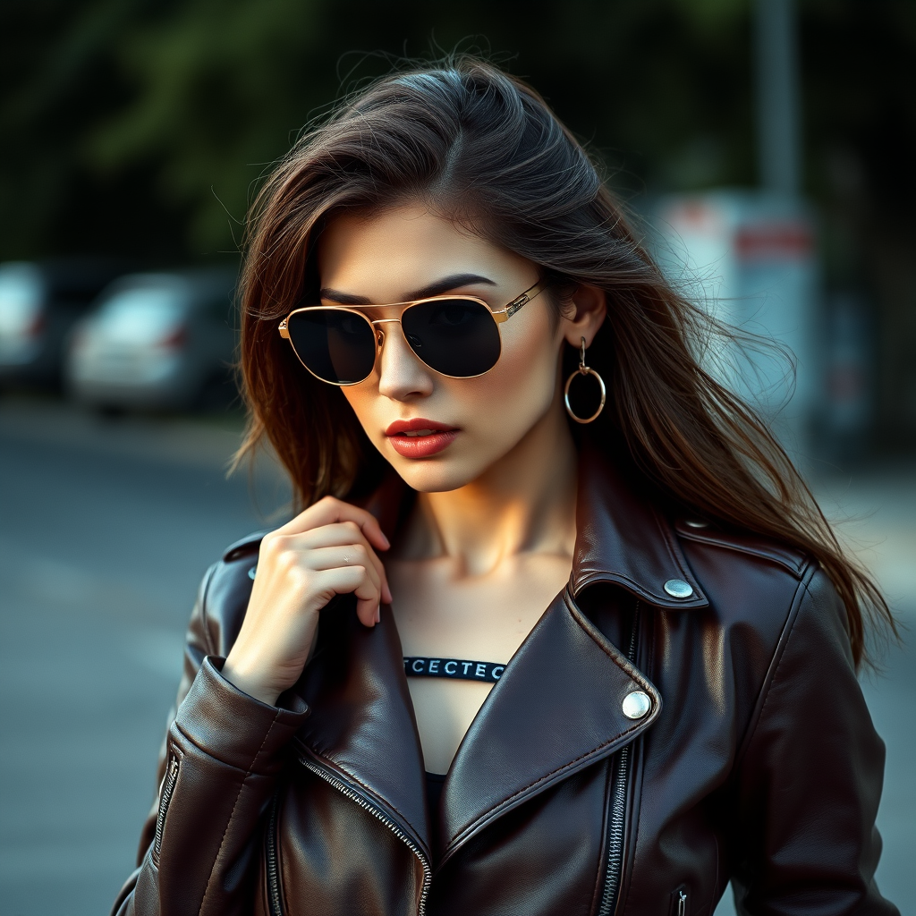 Outdoor shot, stunning female model, vintage leather jacket, sunglasses, cinematic effect, Position the camera at the model’s eye level using a 35mm f/1.4 lens