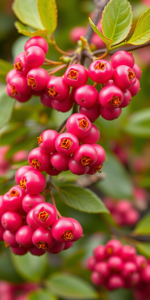 generate an image of bright pink berries with orange seeds, surrounded by green foliage and a soft blurred background