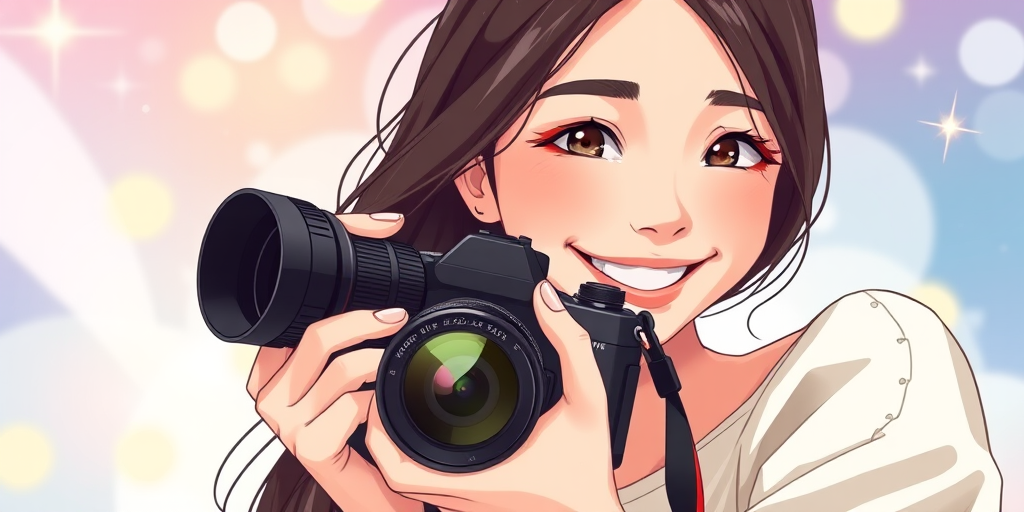 Generate a high-resolution digital illustration of a young woman with long dark hair holding a camera, smiling confidently, in a bright and cheerful background with sparkling elements, using a DSLR camera setup with a wide aperture (f/2.8), 50mm lens, natural lighting, and a slight bokeh effect.
