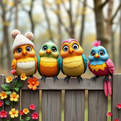 create a scene of 4 quirky  whimsical colourful comical birds each with a funny expression. they are sat on a wooden fence with colourful flowers. they are all different sizes. each one is a different colour  one is wearing a woolly hat. Each one has a different quirky google expression and there is a muted background of trees watercolour paintierly style high definition 8k resolution 3D paper mache