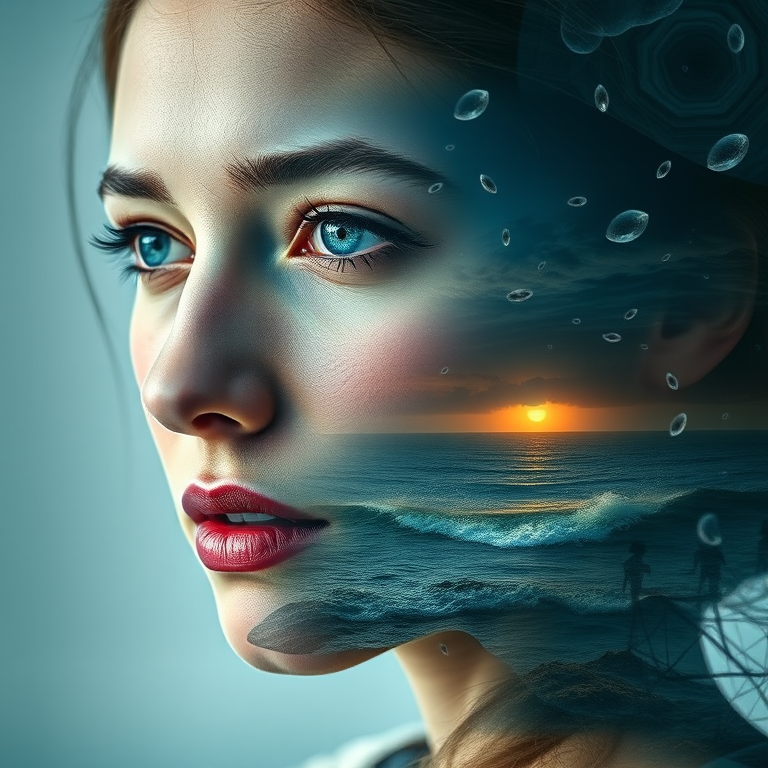 this photo is Book cover, A surreal double exposure portrait that blends a woman's face with a beautiful seascape. The overall mood is dreamy and mystical, with rich colors and intricate details