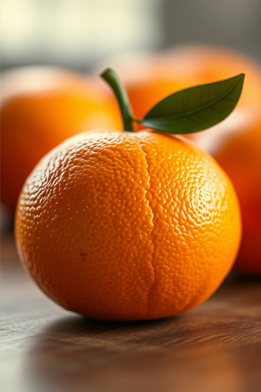 Create a hyper-realistic image of an orange fruit with detailed texture and lighting, using a Canon EOS R5 camera, 50mm lens, aperture f/2.8, shutter speed 1/125 sec, ISO 100, shot in natural light from a slightly elevated angle for a soft depth of field.