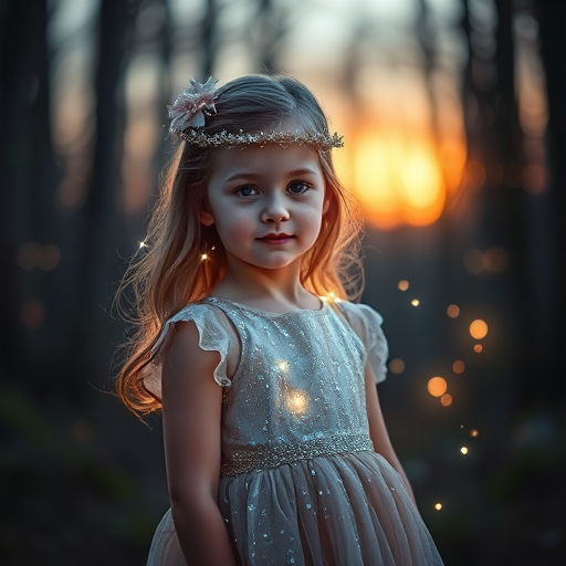 Create a whimsical portrait of a young girl with sparkling fairy lights around her, wearing a shimmering dress, set in a mystical forest during dusk, captured with a DSLR camera at f/1.8, ISO 100, and 50mm lens, using soft focus style for a dreamy effect.