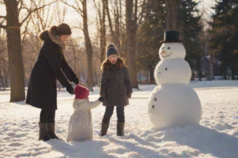 Blurry candid shot of a family building a snowman in a quiet park, soft golden light from the setting sun casting long shadows on the snow, with laughter and joy filling the scene.