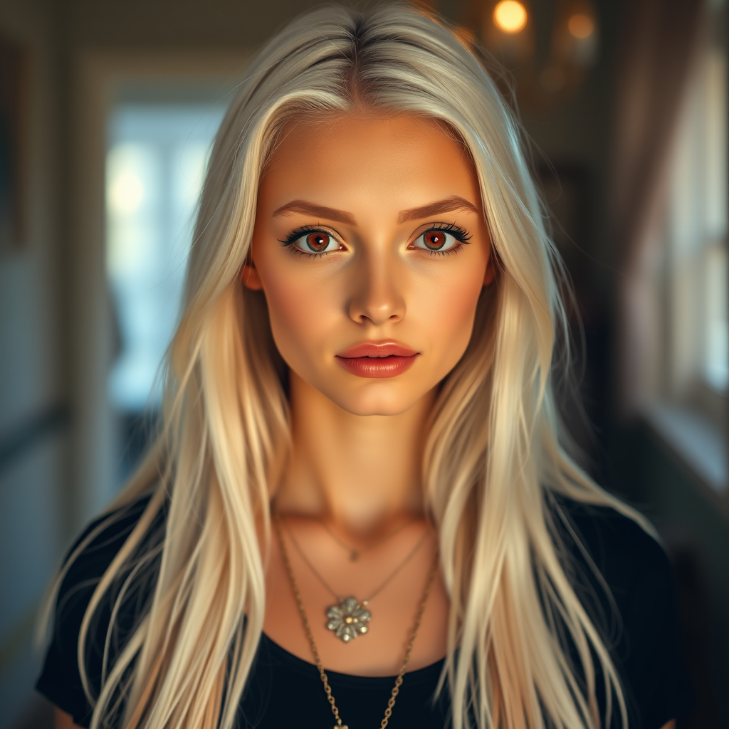 Portrait of a young woman with long white hair and striking red eyes, wearing a black top with layered necklaces, in a softly lit room with a vintage aesthetic, captured with a Canon EOS R5, 50mm lens, f/1.8, ISO 100, natural light, shallow depth of field.