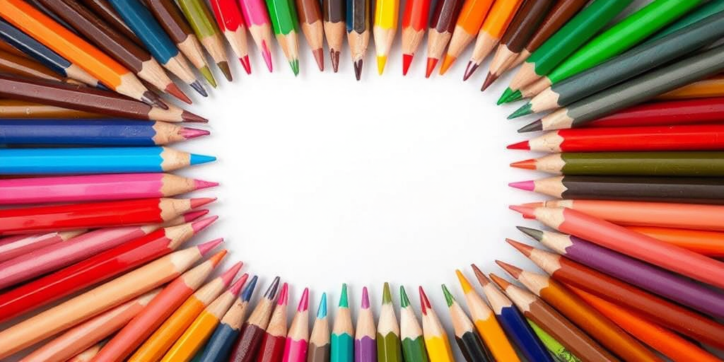 Create an image of a vibrant array of colored pencils arranged in a border around a blank center, using a DSLR camera, f/2.8 aperture, 50mm lens, ISO 100, shot from a top-down view with natural light to enhance color saturation and detail.