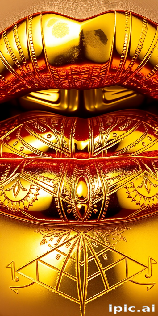 Glamorous metallic gold lips with a high-shine finish, featuring intricate Art Deco-inspired patterns etched into the surface for added texture and dimension