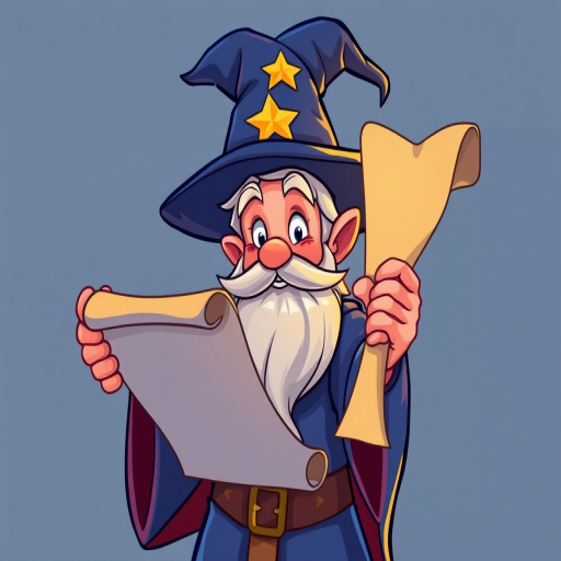 Create an illustration of a wizard holding a scroll, vibrant colors, cartoon style, use a Canon EOS 5D Mark IV, aperture f/2.8, focal length 50mm, lighting soft and diffused, high resolution.