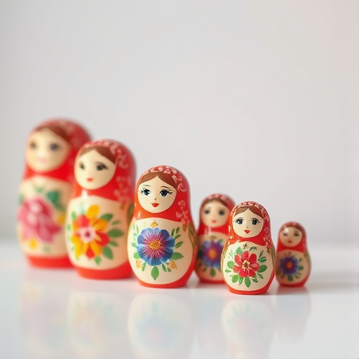 Generate an image of a beautiful set of Russian nesting dolls arranged in a line, with an emphasis on vibrant colors and intricate floral patterns, using a DSLR camera with a 50mm lens at f/1.8 aperture, 1/100 sec shutter speed, ISO 200, shot from a slightly elevated angle to enhance depth, with soft natural lighting to highlight details and textures.
