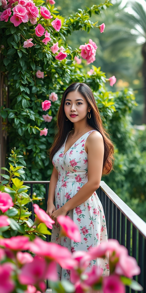 portrait of a woman in a light floral dress standing on a balcony surrounded by lush greenery and pink flowers, natural lighting, 50mm lens, f/1.8 aperture, ISO 200, soft focus, shallow depth of field, DSLR camera