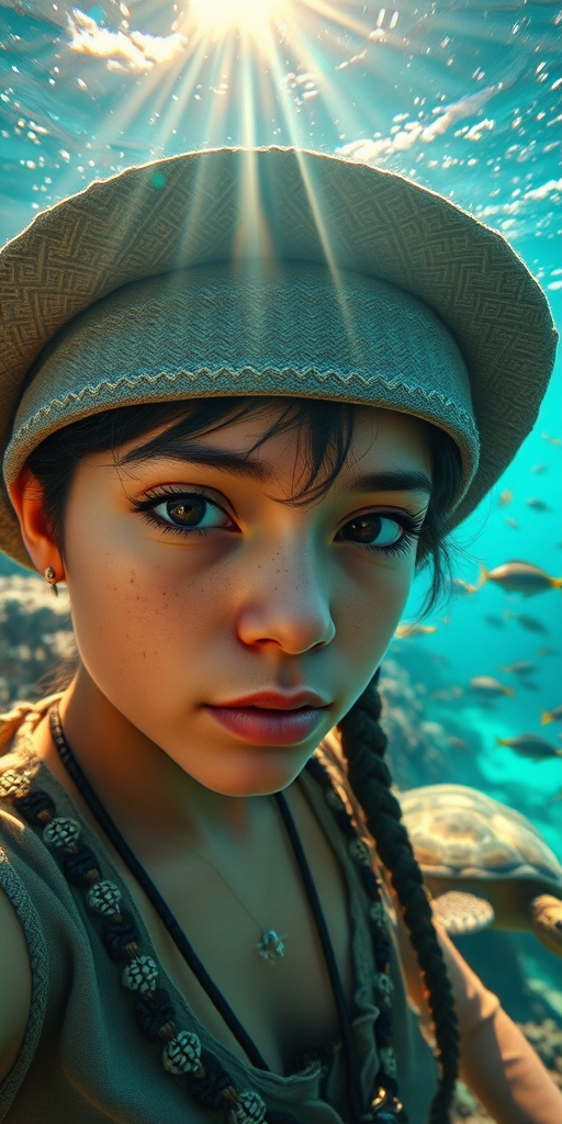 Realistic selfie image of a Guarani, wearing a vintage outfit, detailed dreamy eyes, droopy hooded eyes, staring at the camera, taken underwater at coral reef with a sunbeam filtering through the water, vibrant, summer vacation, natural lighting, turtle and school of tropical fish with vibrant colors, rendered in the style of CryEngine, Pegi Nicol MacLeod, with realistic genre scenes, hauntingly beautiful narratives, ultra-realism, and Thomas Saliot's close-up technique, 8K resolution, crystal clear and sparkling water.