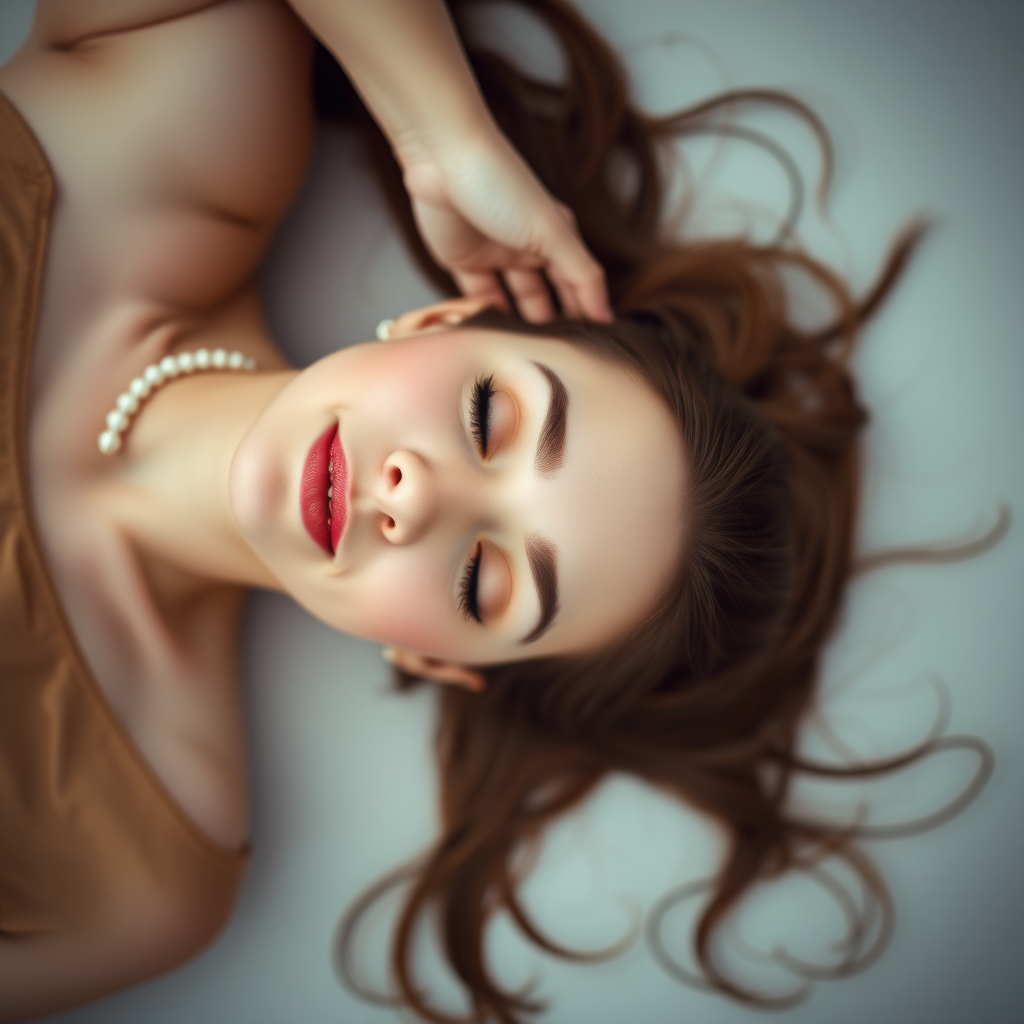 Aerial view of a serene woman lying on a smooth surface with flowing brown hair and a delicate pearl necklace, soft focus, aperture f/2.8, ISO 100, 35mm lens, portrait mode, DSLR camera for vibrant colors and fine detail.