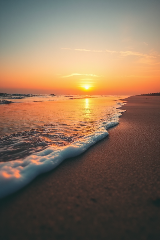 capture a serene beach sunset with soft waves lapping at the shore, warm orange and blue hues in the sky, use a Canon EOS 5D Mark IV, 24mm f/2.8, ISO 100, aperture f/8, shutter speed 1/60 sec, wide-angle perspective, golden hour lighting, focus on the horizon and water reflections