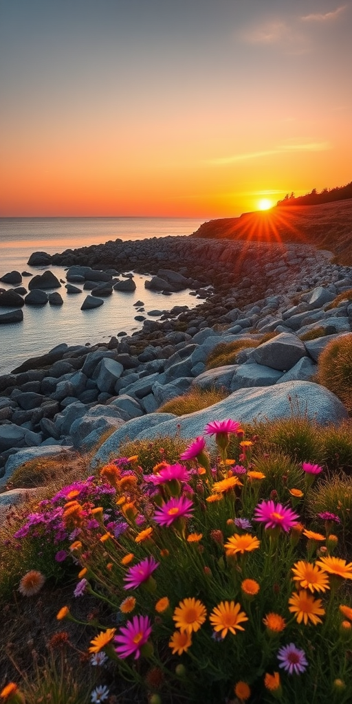landscape photo of a rocky shoreline at sunset with colorful wildflowers in the foreground, captured with a Canon EOS 5D Mark IV, 24mm lens, f/11 aperture, ISO 100, 1/125s shutter speed, golden hour lighting, wide-angle view, high dynamic range processing