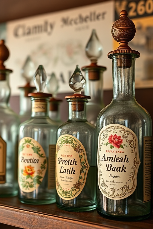 Create a vintage-style image of decorative glass apothecary bottles on a shelf, with intricate floral designs and labels, using a DSLR camera, 50mm lens, f/1.8 aperture, 1/60 shutter speed, natural light, soft focus, and high-resolution settings to capture fine details and colors.