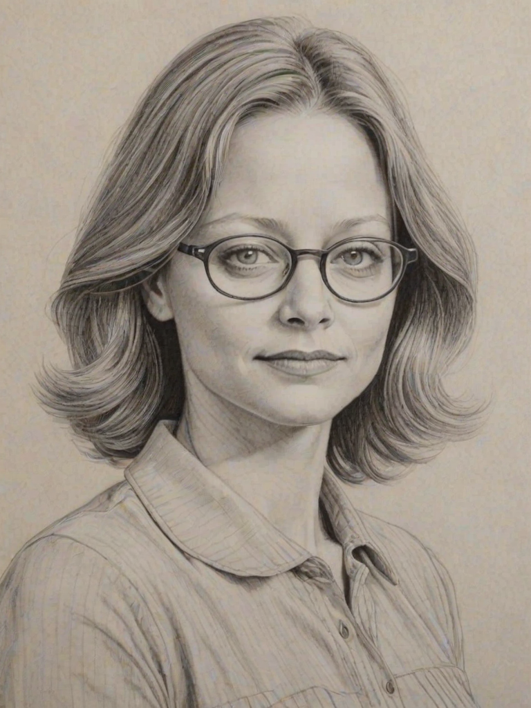 Resplendent Jodie Foster, pencil sketch, portrait of Attractive woman 1944s in glasses, hair style beatnik, outline, clear lines, fine lines, 8k