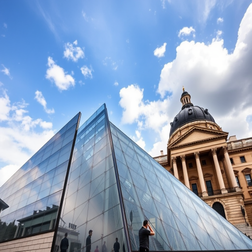Capture a high-resolution image of an architectural landmark featuring a modern glass structure adjacent to a classical dome building under a partly cloudy sky, using a DSLR camera with a 24mm lens at f/8, ISO 100, 1/200s shutter speed, from a low-angle perspective to emphasize the contrast between the modern and historical elements.