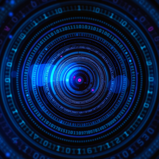 generate a digital abstract design featuring concentric circles and binary code elements in shades of blue and purple, use a Canon EOS 5D, aperture f/8, ISO 100, 24mm focal length, in a portrait orientation with a sharp focus and high dynamic range.