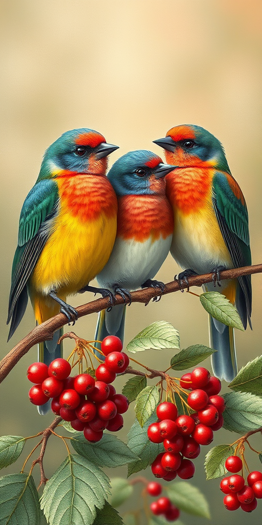 Regenerate a vintage-style illustration of three colorful birds perched on a vine with berries, using a Canon EOS R5 camera, aperture f/2.8, ISO 100, 50mm lens, soft focus background for enhanced detail and color richness.