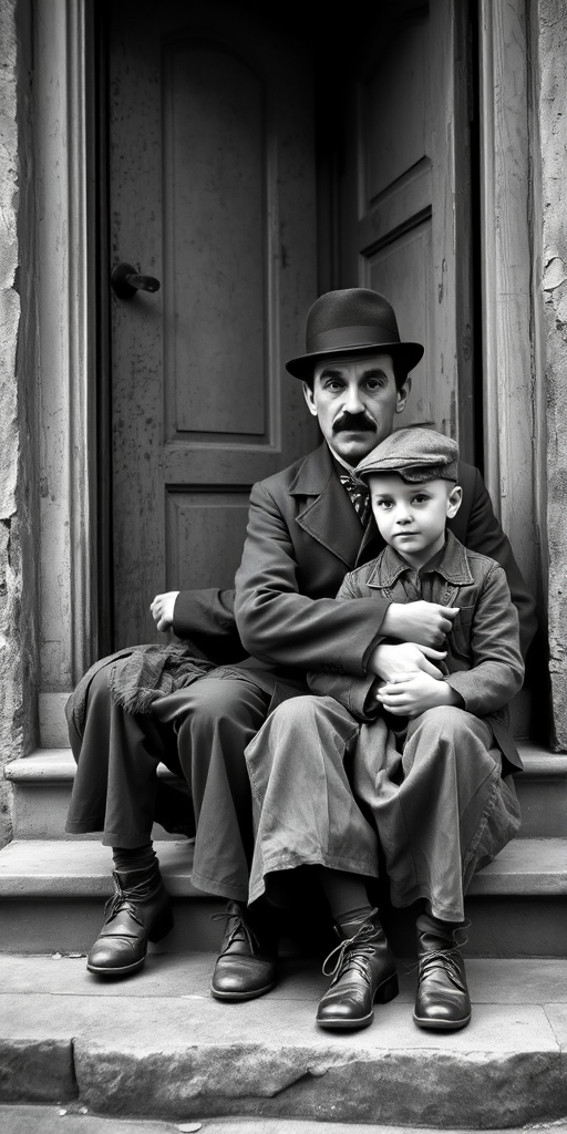 A black-and-white photograph of a man and a child sitting on steps in front of a doorway. The man is dressed as a tramp with a bowler hat, mustache, and ragged clothes, reminiscent of Charlie Chaplin's iconic look. He is sitting with his arms crossed and an expression of slight sadness or frustration. Next to him is a young boy, also in worn clothes and a cap, sitting with his hands clasped, looking thoughtful. The background is an old, textured wall and a partially open door, creating a vintage, early 20th-century atmosphere.
