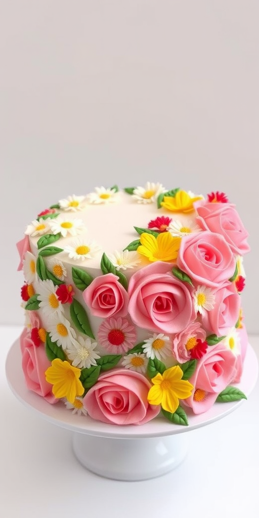 Create an image of a beautifully decorated cake with intricate floral designs made of buttercream icing. The cake should be round and multi-layered, adorned with pink roses, white daisies, and green leaves, featuring vibrant yellow and red flowers interspersed throughout. The cake should be presented on a delicate white cake stand against a simple background.