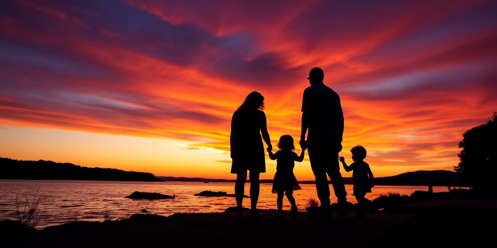 create an image of a family silhouette at sunset by the water with vibrant orange and purple sky, camera settings: f/8, ISO 100, shutter speed 1/200s, camera view: wide-angle, camera style: high dynamic range, camera type: DSLR