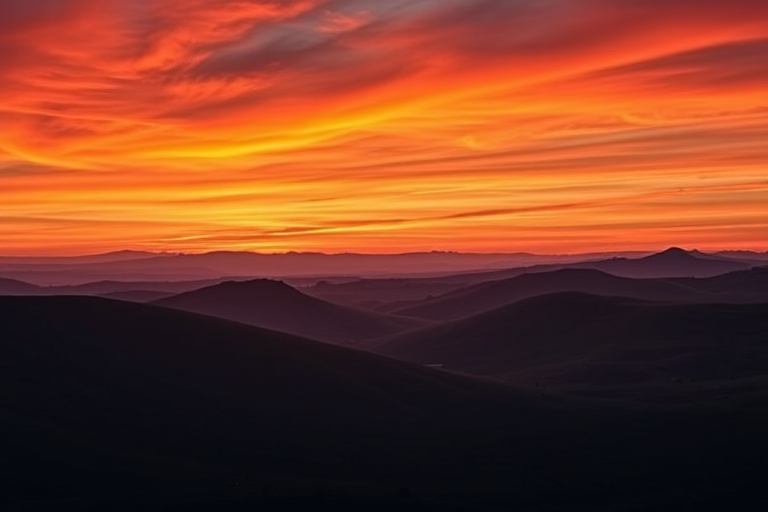 Generate a high-resolution image of a serene landscape featuring rolling hills and a vibrant sunset sky with rich colors, using a DSLR camera with a 50mm lens, aperture set to f/1.8, ISO 200, shutter speed of 1/250 seconds, in landscape orientation for enhanced depth and detail.