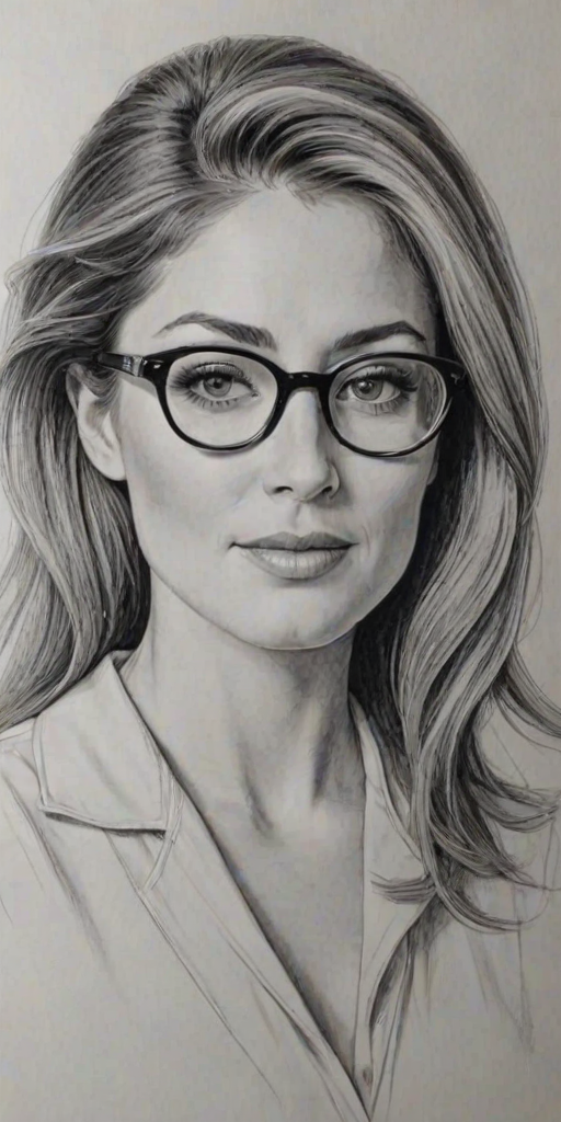 Beauteous Sasha Alexander, pencil sketch, portrait of Magnificent woman 1955s in glasses, hair style beatnik, outline, clear lines, fine lines, 8k