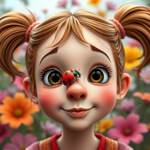 whimsical comical cartoon art Quentin Blake style, closeup portrait view of a cute girl with two ponytails in her hair, an adorable ladybug sits on her nose, funny children’s book illustration with bright colors and flowers in the background