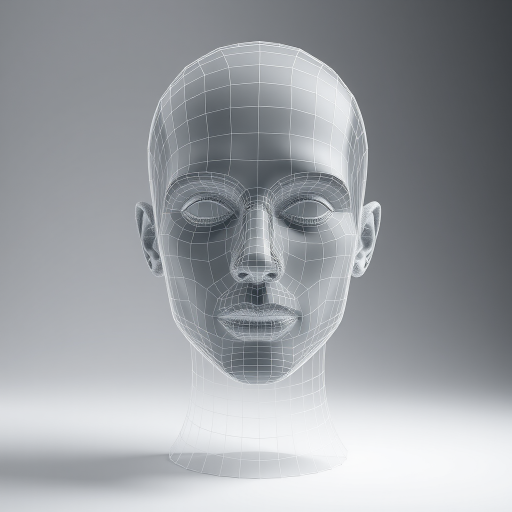 Create a high-resolution 3D wireframe model of a human head with smooth shading, using a Canon EOS R5 camera at f/4 aperture, 50mm lens, ISO 100, shot in studio lighting from a front view with a softbox for even lighting to enhance texture and detail.