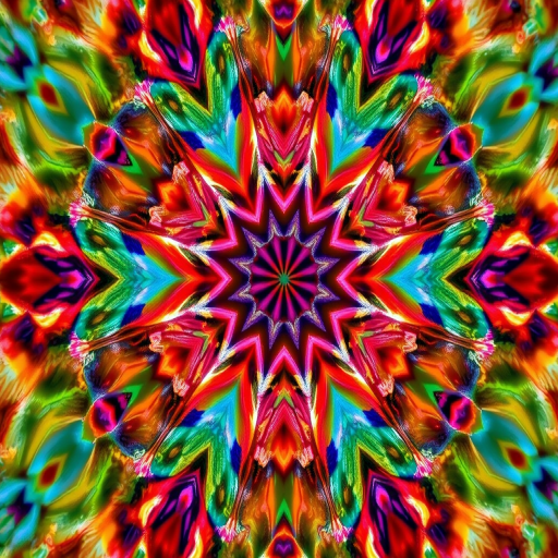 Generate a high-resolution abstract pattern with vibrant colors and intricate details, shot using a Canon EOS R5 at f/2.8, ISO 100, with a 50mm lens in macro mode, utilizing a soft focus technique for a dreamy effect.