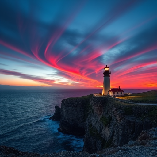 Capture a dramatic seascape of a lighthouse on a cliff at twilight with vibrant clouds streaking across the sky, using a Canon EOS R5, 24mm lens, f/11 aperture, ISO 100, long exposure of 30 seconds, and a wide-angle view to enhance the serene atmosphere and illuminate the lighthouse beam.
