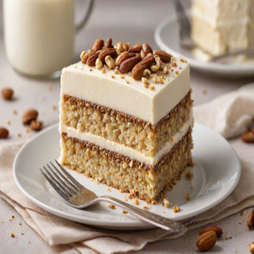 Generate an image of a slice of layered cake with a light frosting, featuring alternating layers of vanilla cake and a creamy filling. The top is decorated with a sprinkle of chopped nuts. The cake should be presented on a simple white plate with a fork beside it, set against a softly blurred background.