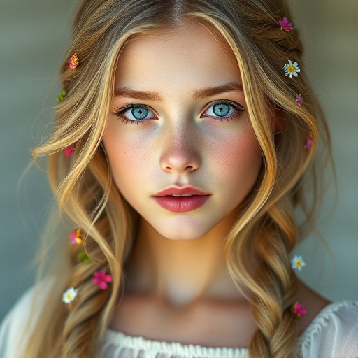 Create an image of a young woman with long, wavy blonde hair, adorned with small, colorful flowers woven into her braids and loose strands. Her complexion is fair, with soft, glowing skin, and she has light blue eyes that gaze softly at the viewer. She wears a light, flowing dress with a gentle, ethereal quality, complementing her delicate and serene appearance. The background is slightly blurred, drawing focus to her tranquil expression and the intricate details of the flowers in her hair. The overall mood of the image is one of natural beauty and grace, evoking a sense of peacefulness and connection with nature.