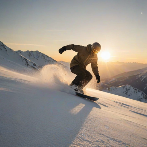 Blurry action shot of a snowboarder carving down a snowy mountain at dawn, soft golden light from the rising sun casting long shadows on the untouched snow.