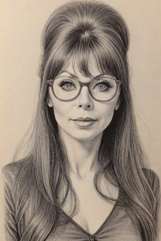 Enchanting Cassandra Peterson, pencil sketch, portrait of Alluring woman 1963s in glasses, hair style beatnik, outline, clear lines, fine lines, 8k