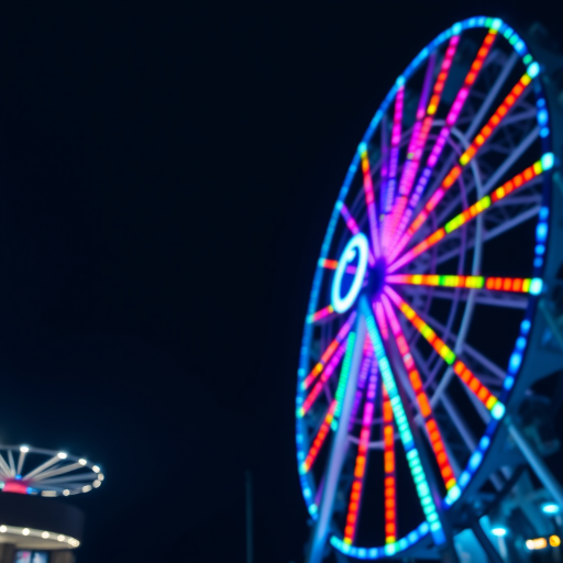 Capture a vibrant nighttime scene of a ferris wheel illuminated with colorful LED lights, with a focus on dynamic lighting effects, using a DSLR camera with a 50mm lens, aperture f/1.8, ISO 800, shutter speed 1/125 sec, shot from a low angle to emphasize height and visual impact.